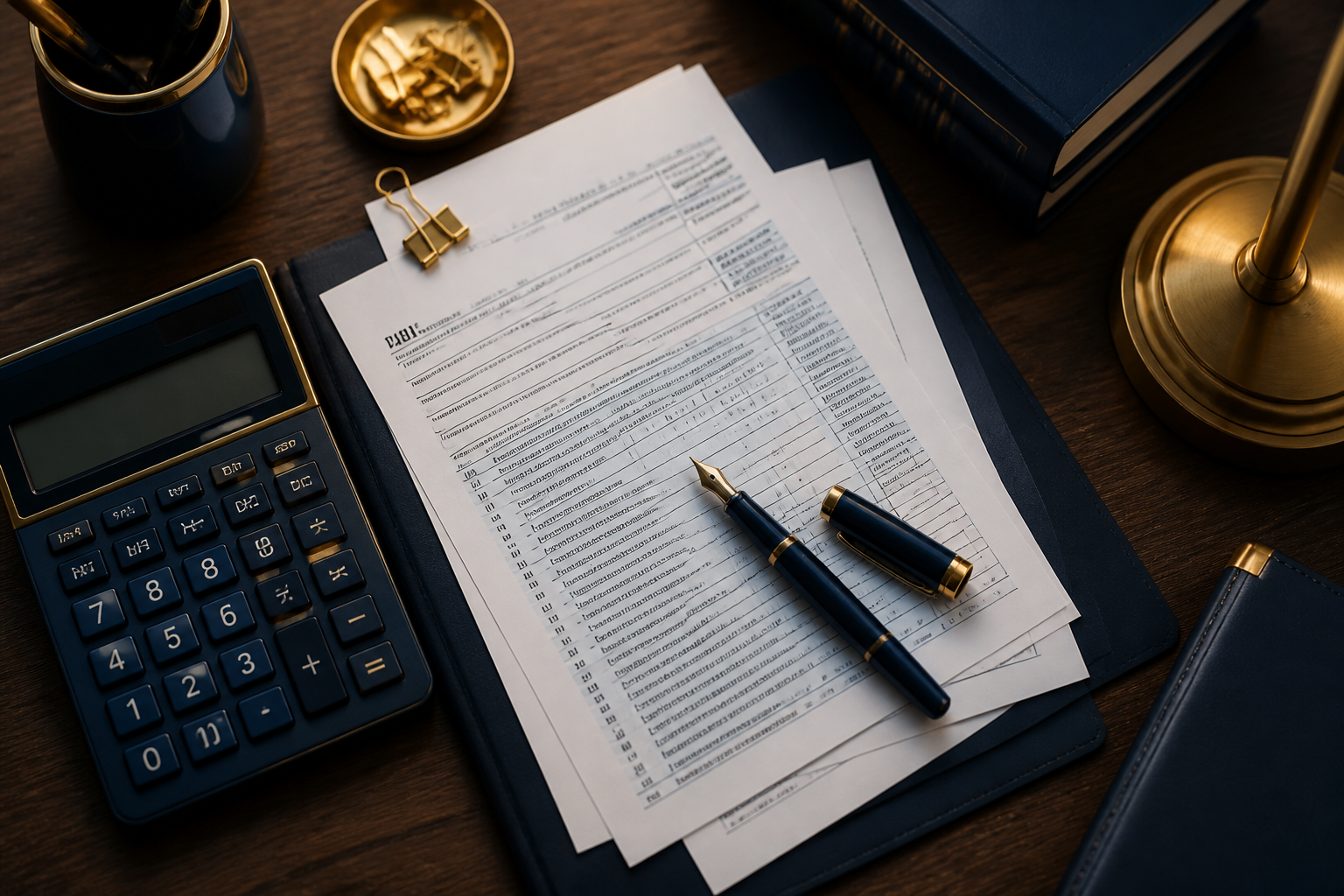 Tax documents and calculator on a desk during a return review